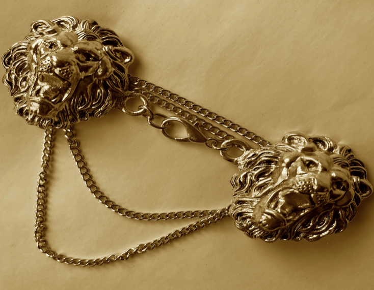 Cloak Clasps - Large Lion Cloak Clasp with chain Silver or Gold