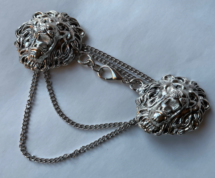 Cloak Clasps - Large Lion Cloak Clasp with chain Silver or Gold